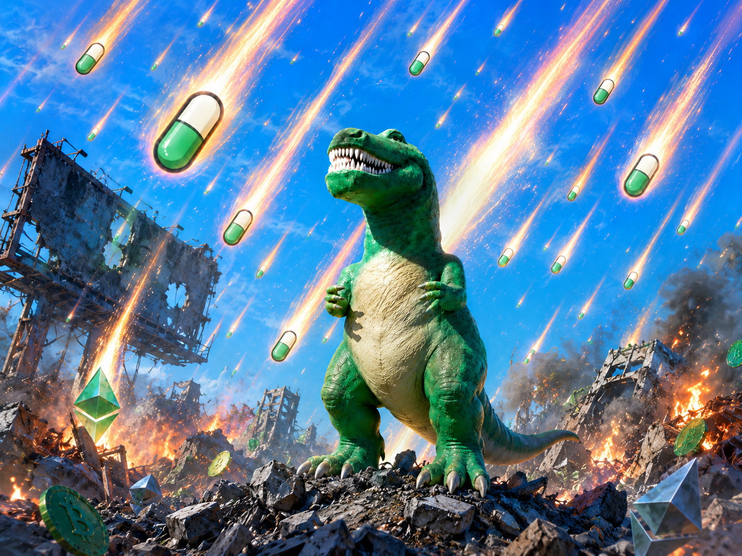 Pamposaur standing in apocalyptic rubble with falling capsules.