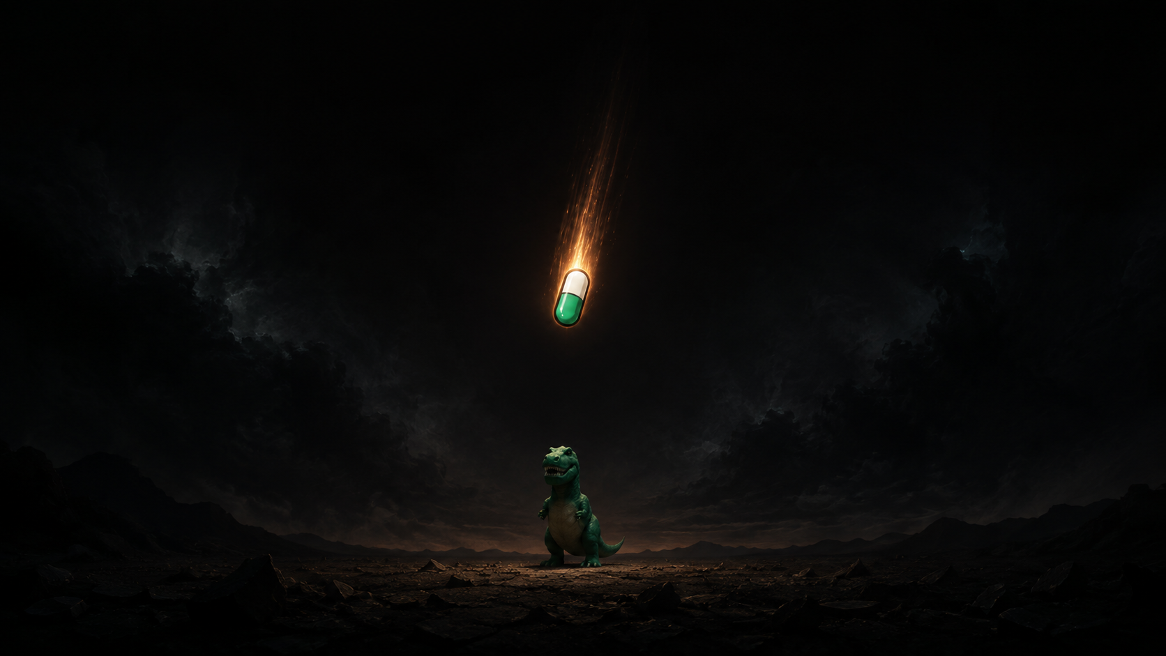 Dark cinematic scene with one falling capsule above Pamposaur.