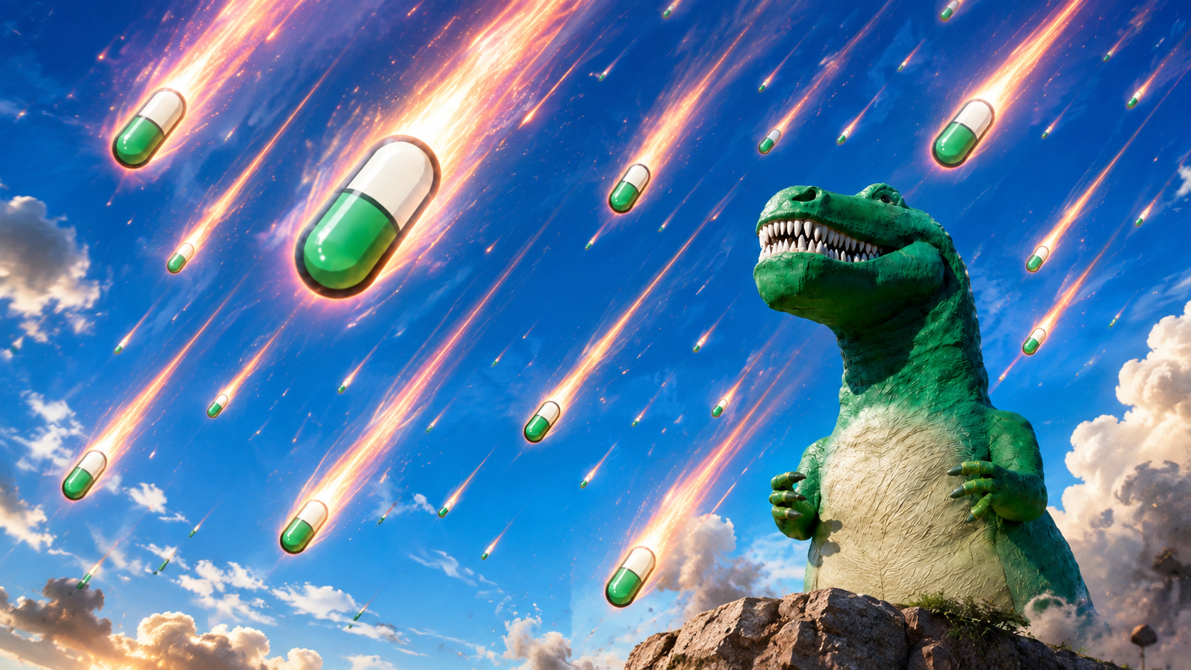 Pamposaur under a storm of falling capsule meteors.
