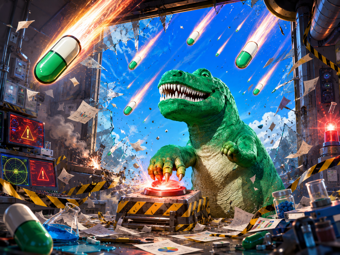 Pamposaur pressing a glowing red button in a chaotic lab.